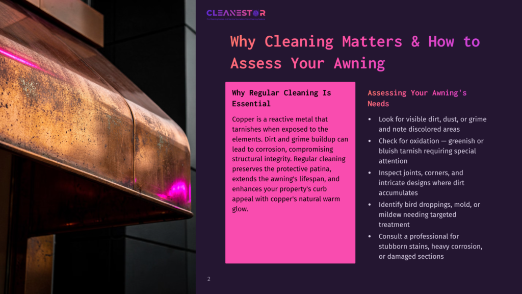 2 Why Cleaning Matters And How To Assess Your Awning Close-Up Of A Weathered Copper Awning With A Patina, Illuminated By Vibrant Pink Light, Highlighting Its Textured Surface And Potential For Corrosion.