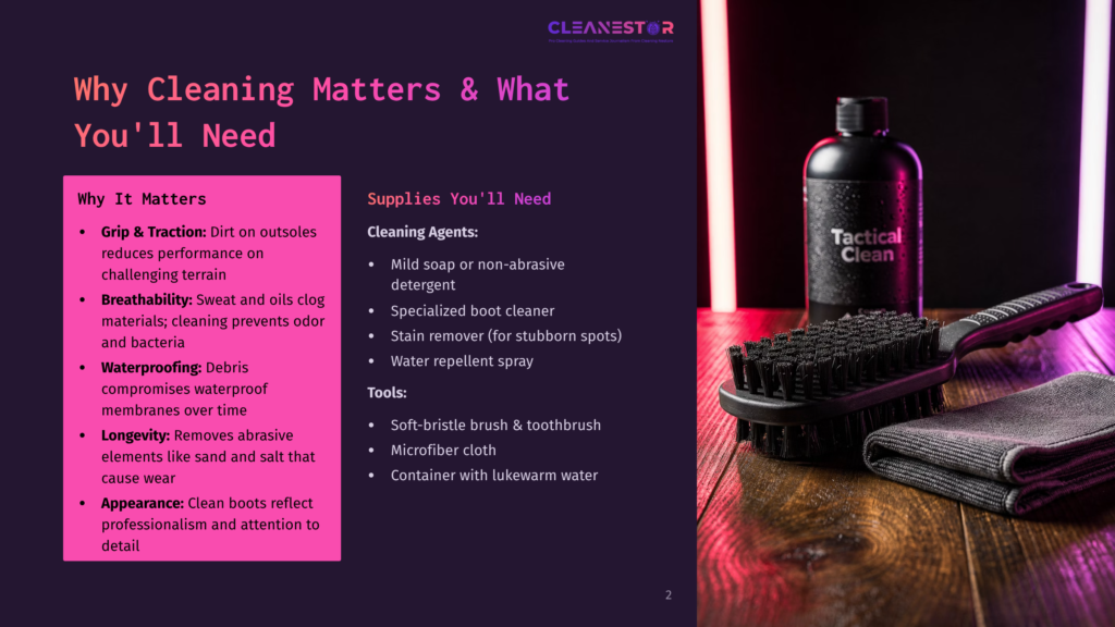 2 Why Cleaning Matters And What Youll Need A Black Cleaning Brush And Microfiber Cloth Sit Next To A Bottle Of &Quot;Tactical Clean&Quot; Cleaning Solution, With A Pink And Purple Glow In The Background. Text Overlays Discuss Cleaning Boots.