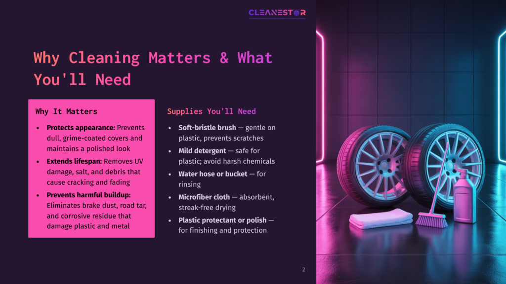 Close-Up Of Two Polished Car Wheels And Tires, A Pink Spray Bottle, And A Blue Brush On A Dark, Wet Surface, Illuminated By Neon Pink And Blue Lights. Text Overlay From The &Quot;Cleanestar&Quot; Brand Promotes Car Cleaning Supplies.