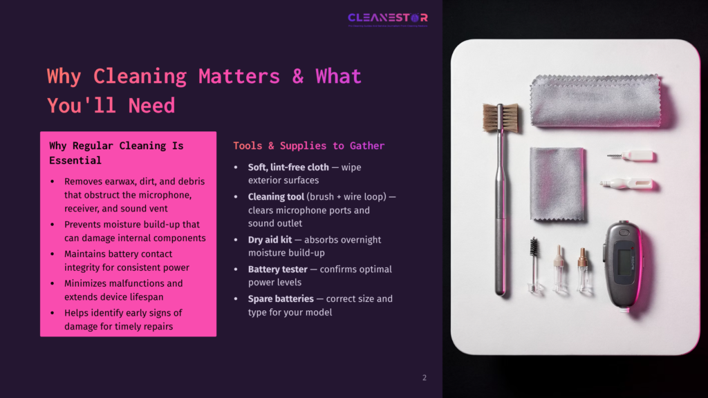 Overhead View Of A Cleaning Kit For Electronics, Including A Brush, Microfiber Cloths, And A Battery Tester, Laid Out On A White Surface.