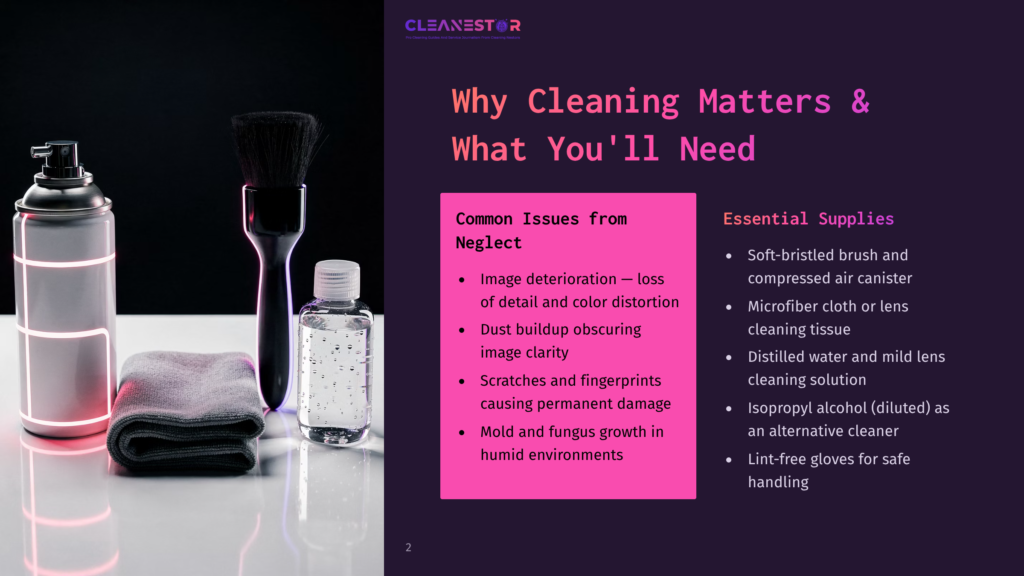 A Modern, Minimalist Desk With Cleaning Supplies Neatly Arranged. There'S A Bottle With A Spray Nozzle, A Microfiber Cloth, A Bottle Of Distilled Water, A Cleaning Solution, And A Brush, All On A White Surface. The Text Highlights Common Issues From Neglect And Essential Supplies Needed For Cleaning.