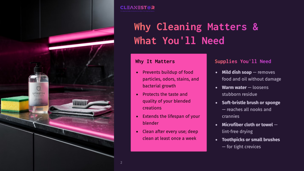 A Bottle Of Uniketox Dish Soap, A Grey Microfiber Cloth, And A Cleaning Brush Rest On A Dark Countertop With A Bright Pink Neon Light Reflecting On The Surface.