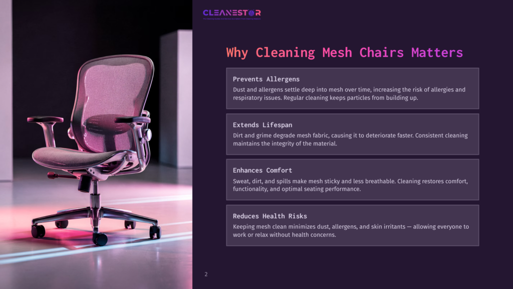 A Modern Mesh Office Chair With A Sleek Design, Illuminated By Red Light, Emphasizing The Importance Of Cleaning For Health And Longevity.