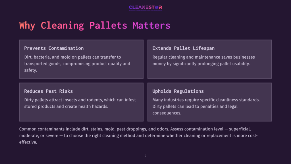 2 Why Cleaning Pallets Matters 1 Infographic Titled &Quot;Why Cleaning Pallets Matters&Quot; With Four Sections: Prevents Contamination, Extends Pallet Lifespan, Reduces Pest Risks, And Upholds Regulations. Text Details The Importance Of Clean Pallets For Product Safety And Compliance.