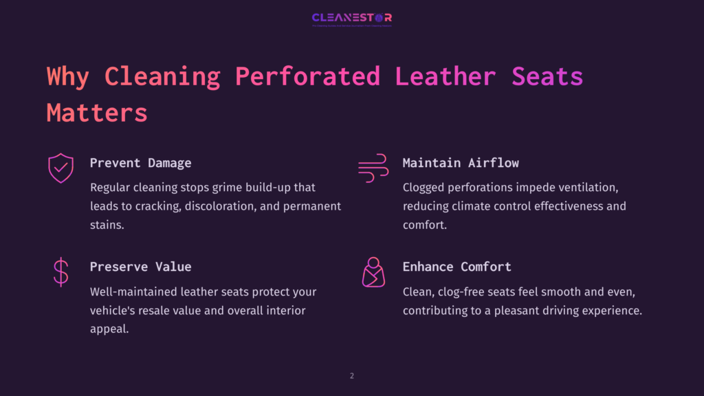 2 Why Cleaning Perforated Leather Seats Matters Infographic Titled &Quot;Why Cleaning Perforated Leather Seats Matters&Quot; By Cleanestor, Detailing Benefits Like Preventing Damage, Maintaining Airflow, Preserving Value, And Enhancing Comfort.
