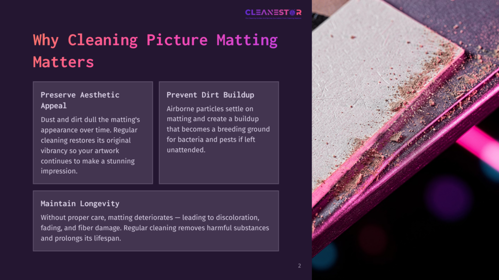 Close-Up Of A Dusty, Pink, Textured Surface With A Pink Light Source On The Right, Suggesting A Cleaning Need. The Image Is Part Of A Presentation About Cleaning Picture Matting.