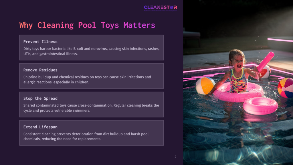 A Young Girl In A Pink Floater Swims In An Outdoor Pool With Pink Lights, Emphasizing The Importance Of Cleaning Pool Toys To Prevent Illness, Remove Residues, Stop The Spread, And Extend Lifespan.