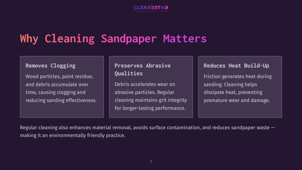 2 Why Cleaning Sandpaper Matters Infographic Titled &Quot;Why Cleaning Sandpaper Matters&Quot; With Three Columns: &Quot;Removes Clogging,&Quot; &Quot;Preserves Abrasive Qualities,&Quot; And &Quot;Reduces Heat Build-Up.