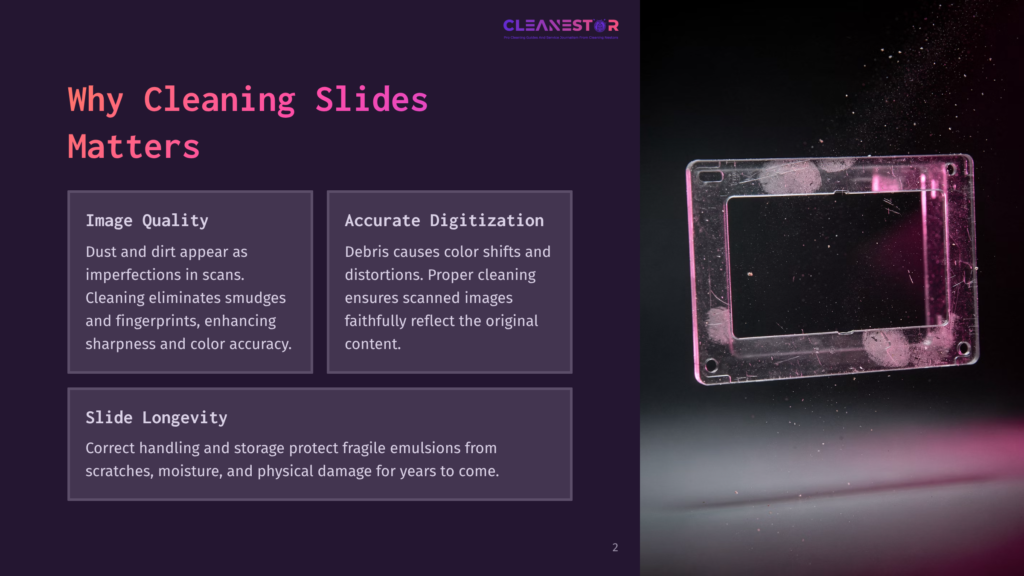 2 Why Cleaning Slides Matters A Vintage Slide Frame Is Covered In Dust And Debris, With Pink And Purple Light Illuminating The Scene, Suggesting A Need For Cleaning Slides.