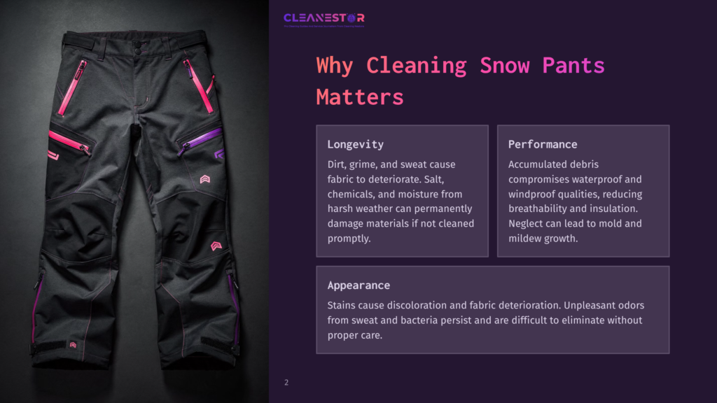 Black Snow Pants With Bright Pink And Purple Zippers And Accents, Displayed On A Dark Background. Text On The Right Side Discusses Why Cleaning Snow Pants Matters, Covering Longevity, Performance, And Appearance.