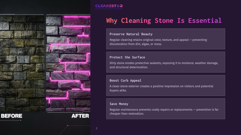 Split Image: &Quot;Before&Quot; Shows Dark, Moss-Covered Stone Wall With Neon Pink Accents; &Quot;After&Quot; Shows Clean Stone Wall With Neon Pink Accents. Text Highlights &Quot;Why Cleaning Stone Is Essential&Quot; And Benefits Like Preserving Beauty, Protecting Surfaces, Boosting Curb Appeal, And Saving Money.
