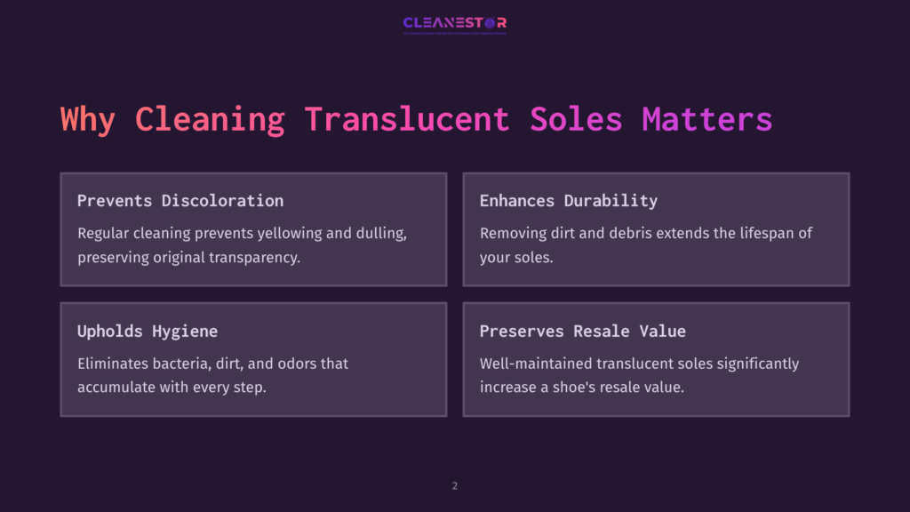 2 Why Cleaning Translucent Soles Matters Infographic Titled &Quot;Why Cleaning Translucent Soles Matters&Quot; With Four Key Points: Prevents Discoloration, Enhances Durability, Upholds Hygiene, And Preserves Resale Value. The Cleanestor Logo Is At The Top.