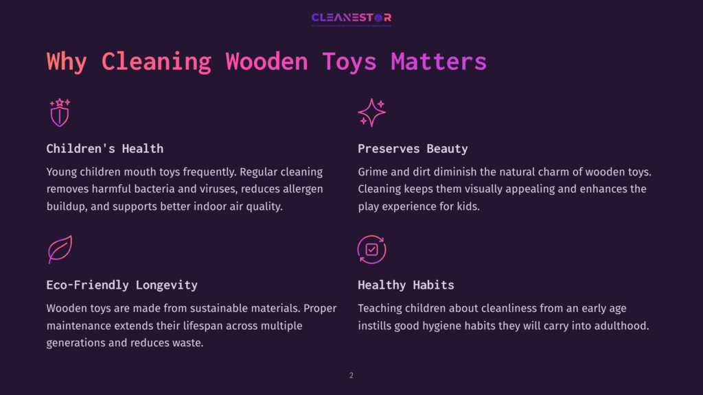 Dark Purple Background With A Title &Quot;Why Cleaning Wooden Toys Matters&Quot; And Icons Representing Children'S Health, Preserves Beauty, Eco-Friendly Longevity, And Healthy Habits.