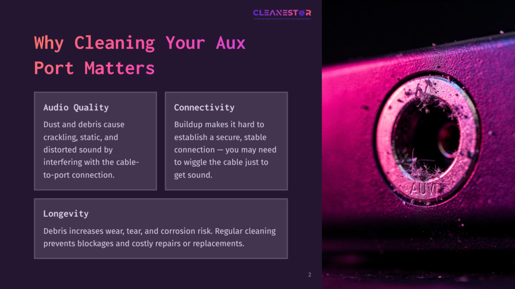 Close-Up Of A Dusty And Dirty Audio Aux Port, With Pink And Purple Lighting Highlighting The Grime And Debris. Text Overlay Reads &Quot;Cleanestor&Quot;.