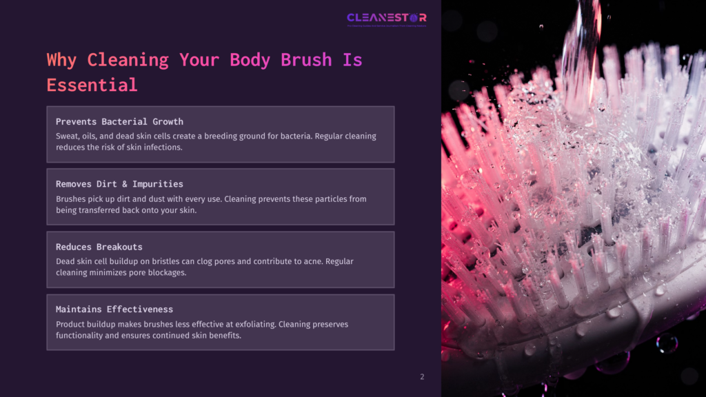 Close-Up Of A Pink Body Brush Under A Stream Of Clear Water, With Water Droplets And Bubbles Visible. The Text &Quot;Cleanestor&Quot; Is At The Top.