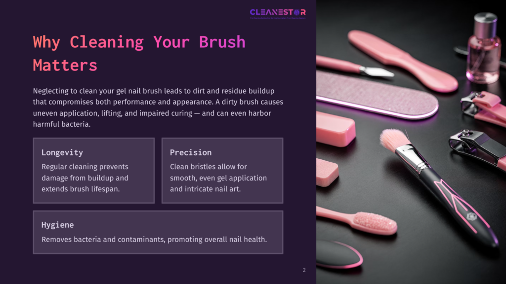 Close-Up Of A Clean Nail Brush With Pink Bristles And A Black Handle, Alongside Nail Care Tools Like A Pink Nail File And Clippers On A Dark Surface.