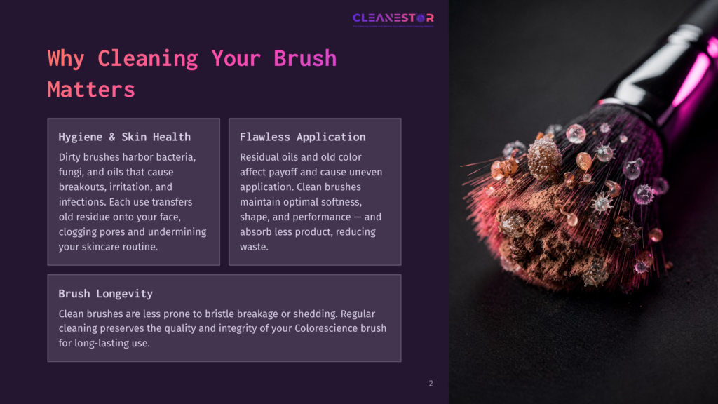 Close-Up Of A Makeup Brush With Dirty Bristles Covered In Colorful Makeup Residue, Against A Dark Background. Text Overlay Reads &Quot;Cleanestar&Quot;.