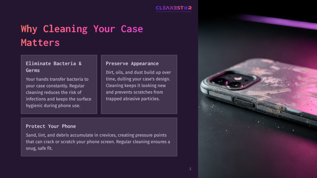 A Smartphone Case, Heavily Scratched And Dulled With Dirt And Oil, Rests On A Dark Surface. Text Overlays Emphasize The Importance Of Cleaning The Case To Eliminate Bacteria, Preserve Appearance, And Protect The Phone From Damage.