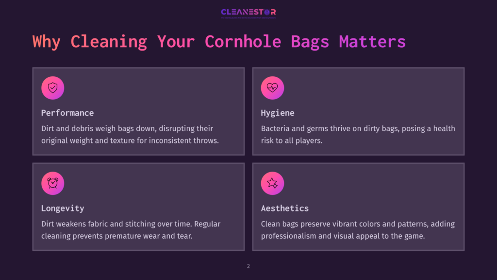 Infographic Titled &Quot;Why Cleaning Your Cornhole Bags Matters&Quot; With Four Sections: Performance, Hygiene, Longevity, And Aesthetics, Each With An Icon And Descriptive Text.