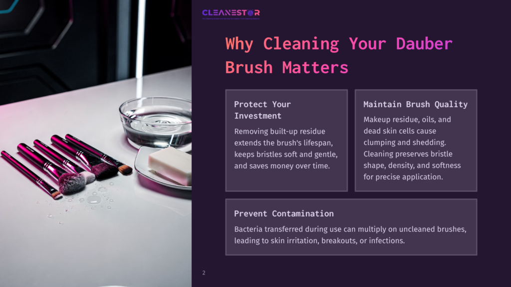 2 Why Cleaning Your Dauber Brush Matters Cleanestor Logo And Text &Quot;Why Cleaning Your Dauber Brush Matters&Quot; On A Dark Background, With A Clean Makeup Brush Set And Soap On A White Surface In The Foreground.