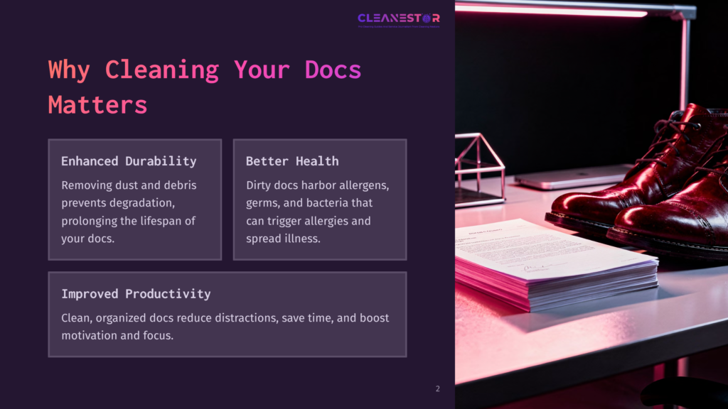 A Desk With A Pair Of Polished Brown Leather Dress Shoes, A Document, And A Modern Lamp. Text Overlay Reads &Quot;Cleanestar&Quot; And &Quot;Why Cleaning Your Docs Matters&Quot;.