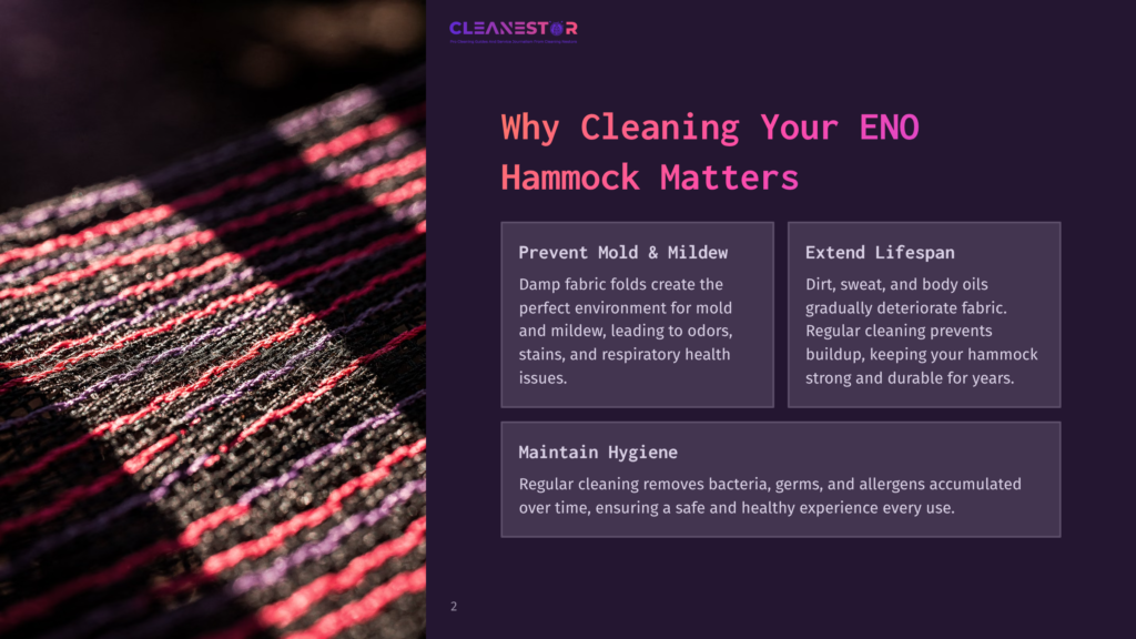 Close-Up Of A Woven Hammock With Purple And Pink Threads, Showing Intricate Texture. Text Overlay Reads: &Quot;Cleanestor&Quot;, &Quot;Why Cleaning Your Eno Hammock Matters&Quot;, &Quot;Prevent Mold &Amp; Mildew&Quot;, &Quot;Extend Lifespan&Quot;, &Quot;Maintain Hygiene&Quot;.