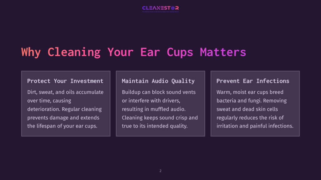 2 Why Cleaning Your Ear Cups Matters Dark Purple Background With The Text &Quot;Why Cleaning Your Ear Cups Matters&Quot; In Large Pink Letters. Below, Three Columns Explain The Benefits Of Cleaning Ear Cups: &Quot;Protect Your Investment,&Quot; &Quot;Maintain Audio Quality,&Quot; And &Quot;Prevent Ear Infections.