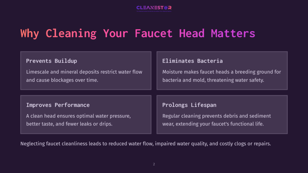Infographic Titled &Quot;Why Cleaning Your Faucet Head Matters&Quot; With Four Sections: &Quot;Prevents Buildup,&Quot; &Quot;Eliminates Bacteria,&Quot; &Quot;Improves Performance,&Quot; And &Quot;Prolongs Lifespan.