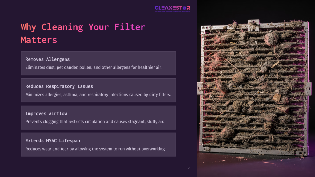 A Dirty Hvac Filter Clogged With Dust And Debris, Contrasted With Text Highlighting The Benefits Of Cleaning Filters, Such As Removing Allergens And Improving Airflow.