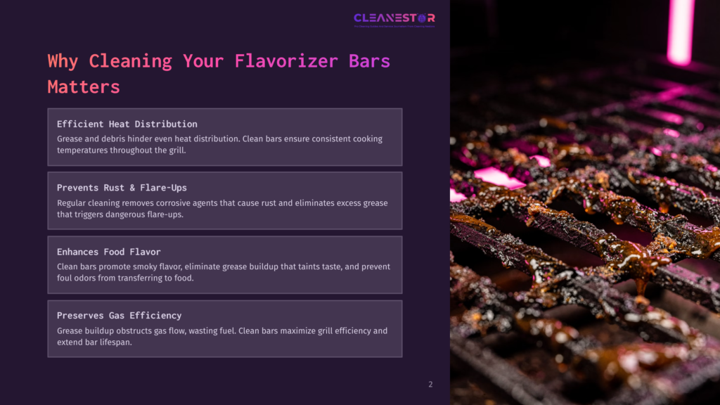Close-Up Of Dirty, Greasy Grill Flavorizer Bars Covered In Burnt Residue, With A Blurred Pink Light Source In The Background.