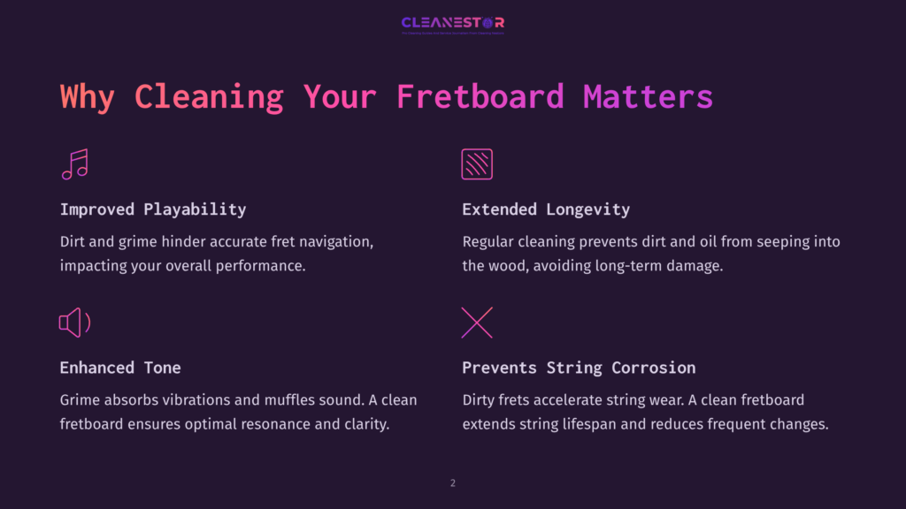 Dark Purple Background With &Quot;Cleanestor&Quot; Logo At Top. Text Highlights Why Cleaning Your Fretboard Matters: Improved Playability, Enhanced Tone, Extended Longevity, And Prevents String Corrosion.