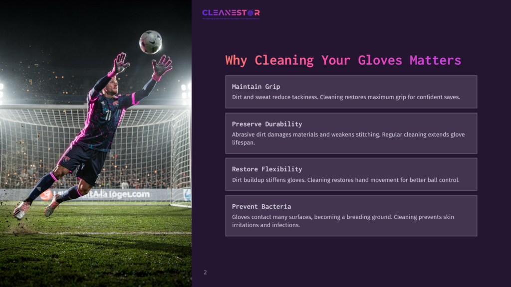 2 Why Cleaning Your Gloves Matters A Soccer Goalkeeper In A Pink And Black Uniform Dives To Catch A Ball, With A Soccer Goal And Net In The Background. Text Overlay Reads: &Quot;Cleanestor: Why Cleaning Your Gloves Matters.