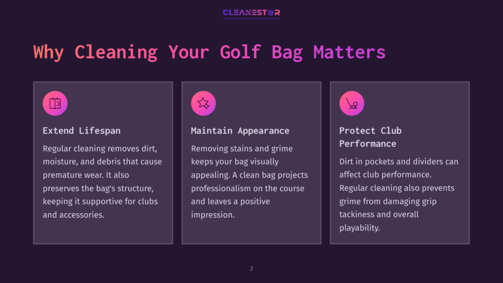 2 Why Cleaning Your Golf Bag Matters Infographic Titled &Quot;Why Cleaning Your Golf Bag Matters&Quot; With Three Panels: &Quot;Extend Lifespan,&Quot; &Quot;Maintain Appearance,&Quot; And &Quot;Protect Club Performance.