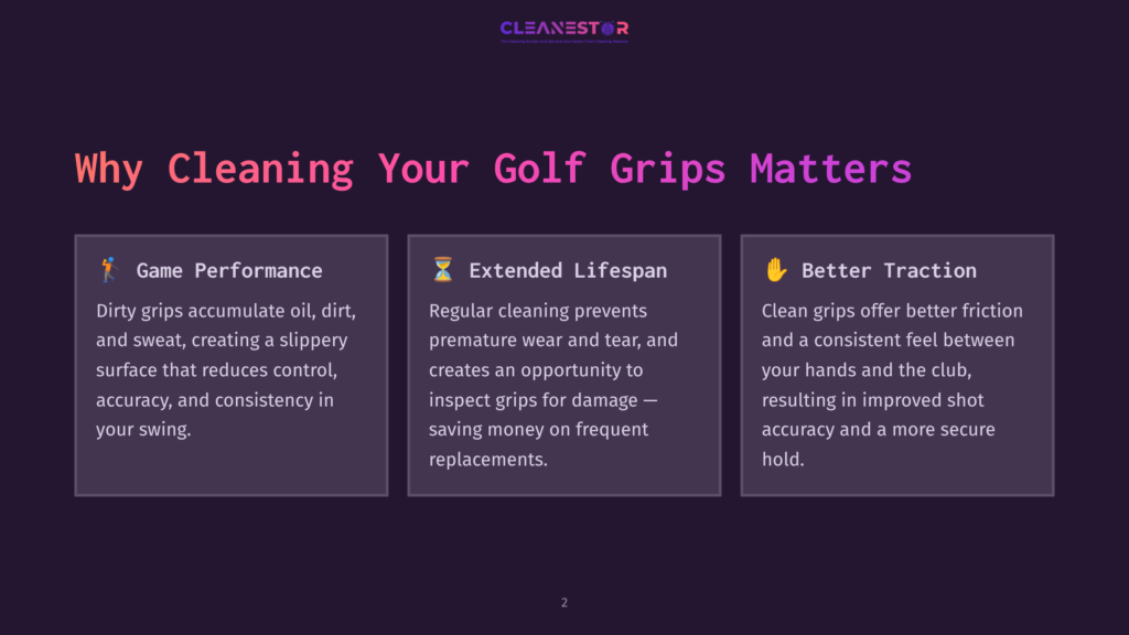 Illustration Highlighting &Quot;Why Cleaning Your Golf Grips Matters&Quot; With Three Panels: &Quot;Game Performance&Quot; Showing Icons For Golf And A Dirty Grip, &Quot;Extended Lifespan&Quot; With A Clock Icon, And &Quot;Better Traction&Quot; With A Hand Icon. The Background Is A Dark Purple Gradient.