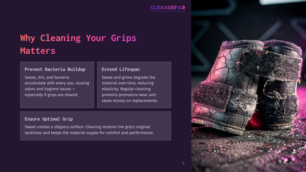 Close-Up Of Two Heavily Worn, Cracked, And Dirty Black Leather Wrestling Shoes With Velcro Straps, Sitting On A Wet, Reflective Surface With Water Droplets. Text Overlay Reads &Quot;Cleanestor&Quot; And &Quot;Why Cleaning Your Grips Matters&Quot;.