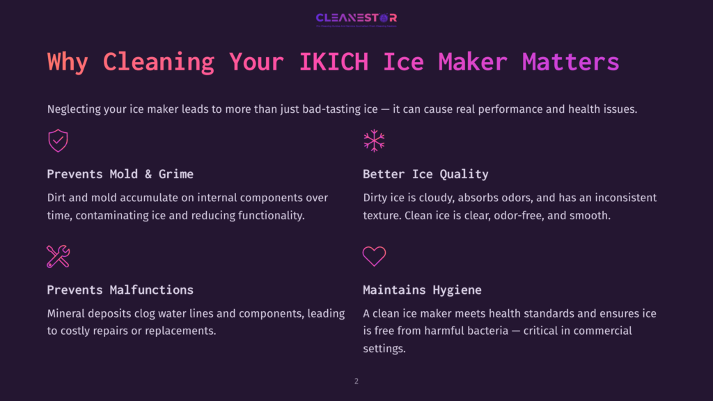 A Dark Purple Background With A White And Pink &Quot;Cleanestor&Quot; Logo At The Top. The Title &Quot;Why Cleaning Your Ikich Ice Maker Matters&Quot; Is In Large White Lettering. Below, Four Points Explain Why Cleaning Matters: &Quot;Prevents Mold &Amp; Grime,&Quot; &Quot;Better Ice Quality,&Quot; &Quot;Prevents Malfunctions,&Quot; And &Quot;Maintains Hygiene,&Quot; Each With A Small Icon And Descriptive Text.