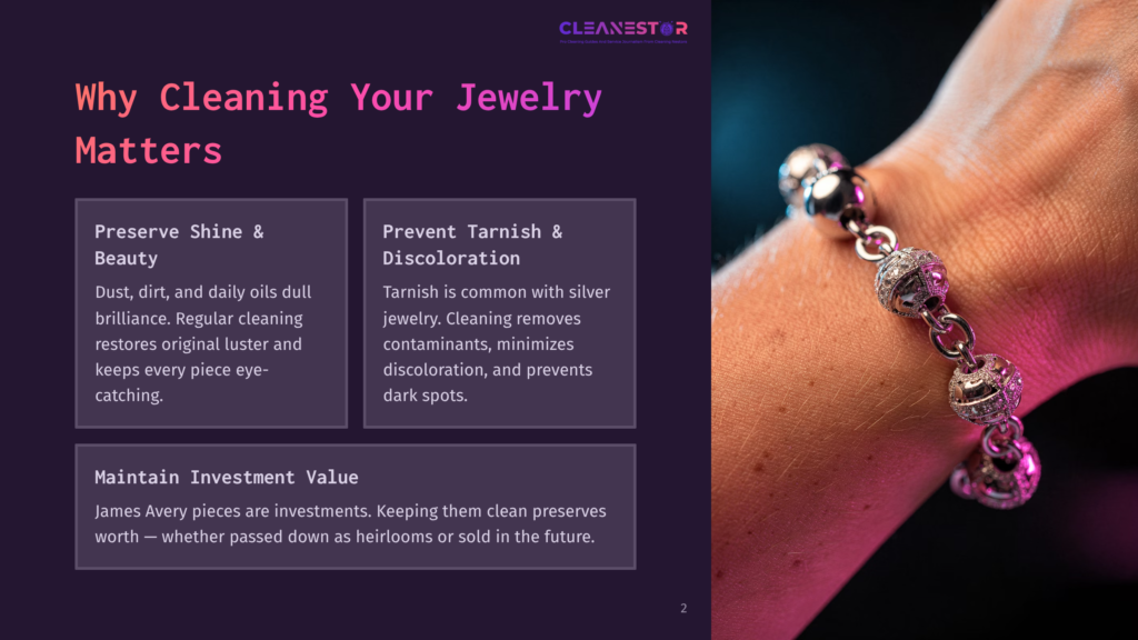 2 Why Cleaning Your Jewelry Matters Close-Up Of A Hand Wearing A Sparkling Diamond And Silver Charm Bracelet, With A Soft Pink And Purple Blurred Background. Text Overlay Reads &Quot;Cleanestor&Quot; And &Quot;Why Cleaning Your Jewelry Matters&Quot;.