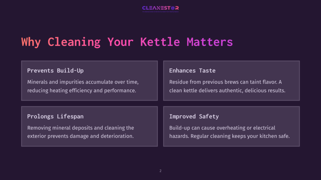 Infographic Titled &Quot;Why Cleaning Your Kettle Matters&Quot; With Sections On Preventing Build-Up, Enhancing Taste, Prolonging Lifespan, And Improved Safety.
