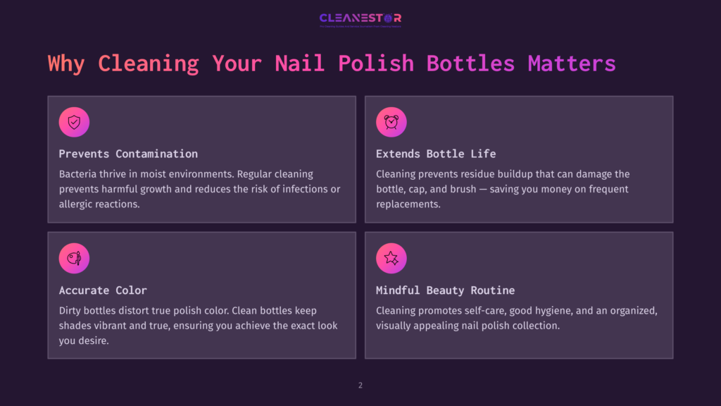 Infographic Titled &Quot;Why Cleaning Your Nail Polish Bottles Matters&Quot; With Four Sections: &Quot;Prevents Contamination,&Quot; &Quot;Extends Bottle Life,&Quot; &Quot;Accurate Color,&Quot; And &Quot;Mindful Beauty Routine,&Quot; Each With An Icon And Descriptive Text.