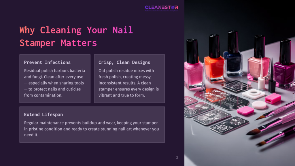 2 Why Cleaning Your Nail Stamper Matters Nail Polish Bottles In Pink, Orange, And Blue Sit Next To Stamping Plates And Brushes. The Image Highlights The Importance Of Cleaning Nail Tools And Maintaining Nail Art.