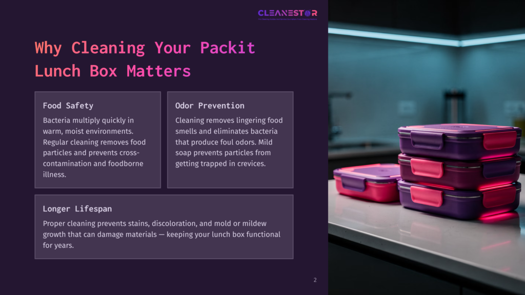 Three Stackable Purple And Pink Lunch Boxes Sit On A Grey Countertop, With A Blurred Kitchen Background. Text On The Left Discusses Cleaning Lunch Boxes.