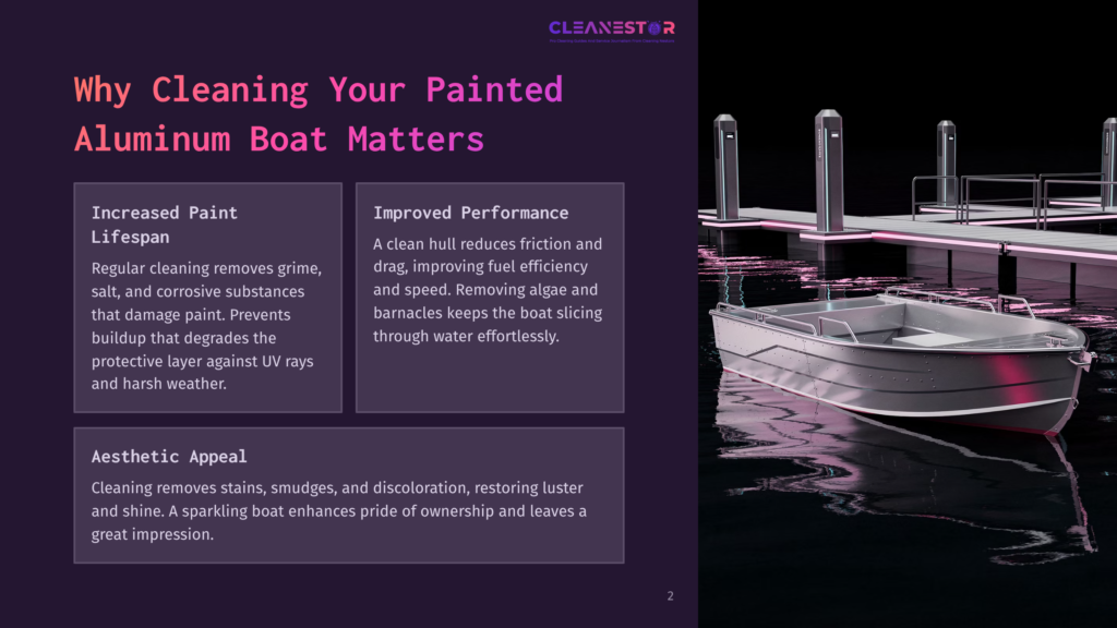A Sleek, Silver Aluminum Boat Sits On Dark, Reflective Water Next To A Modern Dock With Glowing Purple Lights. The Boat Is The Primary Focus, Showcasing Its Polished Hull And Design, Hinting At Cleaning And Maintenance.