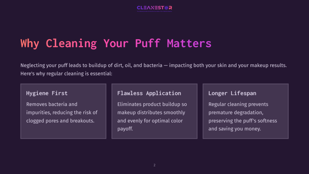 Infographic Showing Three Reasons Why Cleaning Your Puff Matters, With A Purple Background And White Text. It Highlights Hygiene, Flawless Application, And Longer Lifespan.