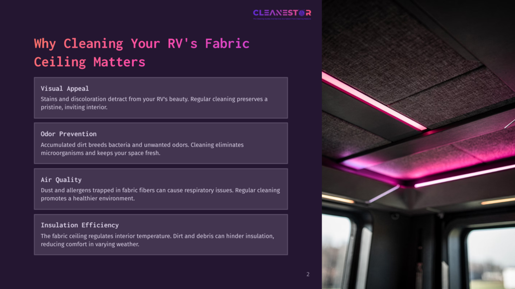 An Interior View Of A Recreational Vehicle (Rv) Ceiling With Dark Fabric Panels And Vibrant Pink Led Strip Lighting. Text Overlay Discusses Rv Fabric Cleaning And Its Importance.