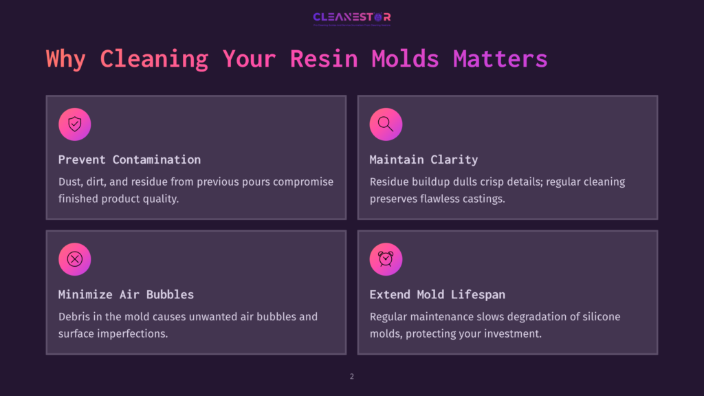 Infographic Titled &Quot;Why Cleaning Your Resin Molds Matters&Quot; With Four Key Points: Prevent Contamination, Maintain Clarity, Minimize Air Bubbles, And Extend Mold Lifespan, Each With An Icon And Brief Explanation.