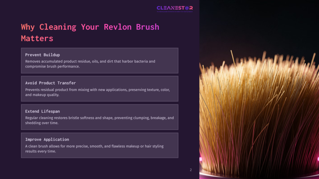 Close-Up Of A Fluffy Makeup Brush With Pink And Purple Lighting, With Text Overlaying The Left Side Of The Image Detailing The Benefits Of Cleaning Revlon Brushes.