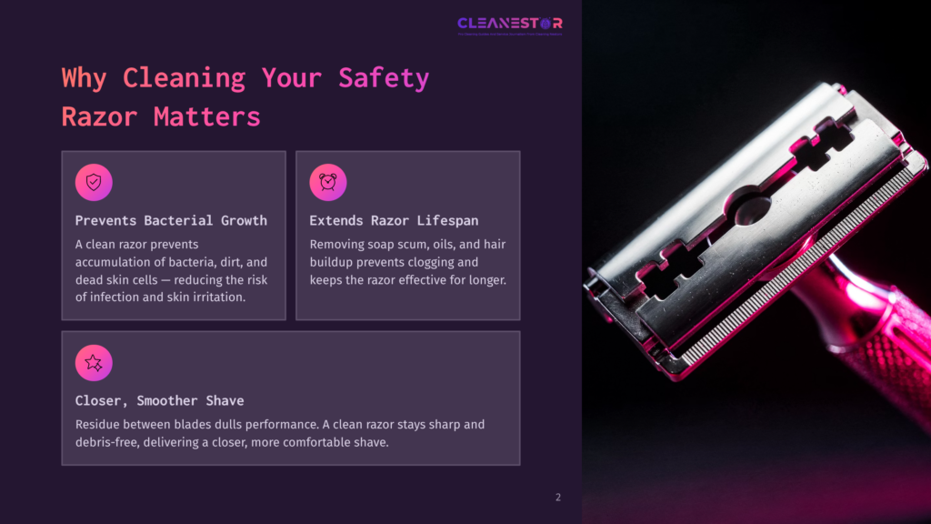 2 Why Cleaning Your Safety Razor Matters Close-Up Of A Gleaming Silver Safety Razor With Sharp Blades, Illuminated By Vibrant Pink And Purple Light, Symbolizing Clean Shaving And Extended Razor Lifespan.