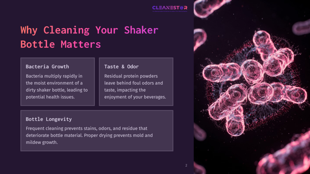 Close-Up Of Pink Rod-Shaped Bacteria, Magnified And Illuminated Against A Dark Background, With Text Overlay Discussing Shaker Bottle Hygiene, Bacteria Growth, And Taste/Odor Concerns.