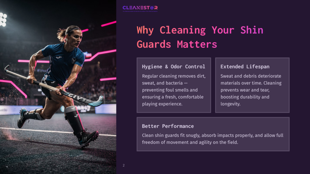 A Female Hockey Player In A Blue Uniform And Black Shin Guards Runs With A Hockey Stick, With Text Overlay Highlighting The Importance Of Cleaning Shin Guards For Hygiene, Odor Control, And Extended Lifespan.