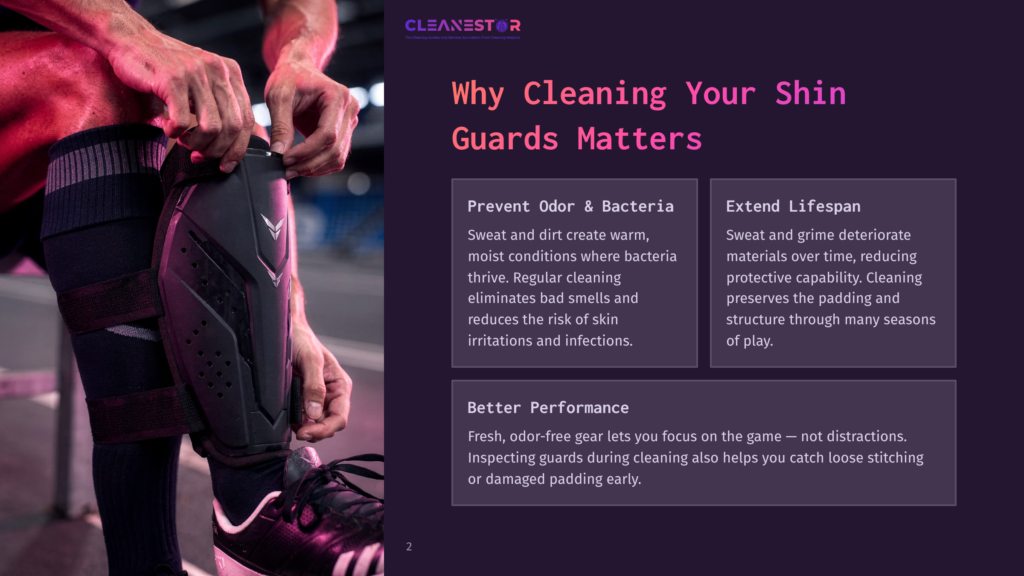 2 Why Cleaning Your Shin Guards Matters 2 Close-Up Of An Athlete'S Leg Being Fitted With A Black Shin Guard, Featuring The Cleanestor Logo And Text About Cleaning Shin Guards.